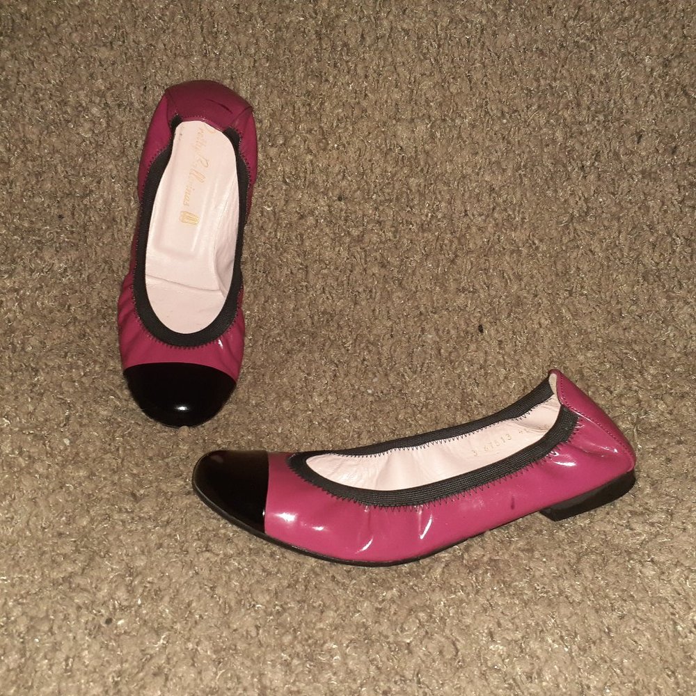 PRETTY BALLERINAS-SHIRLEY-Ballet Flats-Fuchsia w/Black Cap Toe Patent-Sz 38-EX